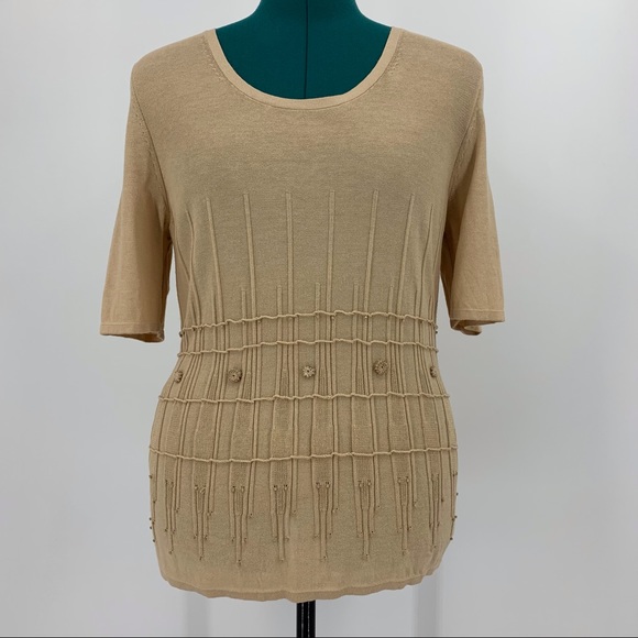 Betty Barclay Lightweight Short Sleeve Tan Sweater with Bead Accents, Small - Picture 6 of 16